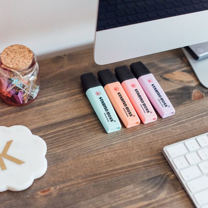 Kellie-Simpson-VA-Virtual-Assistant-Legal-Support-Web-4 Desk with highlighter pens, coaster, keyboard and Mug